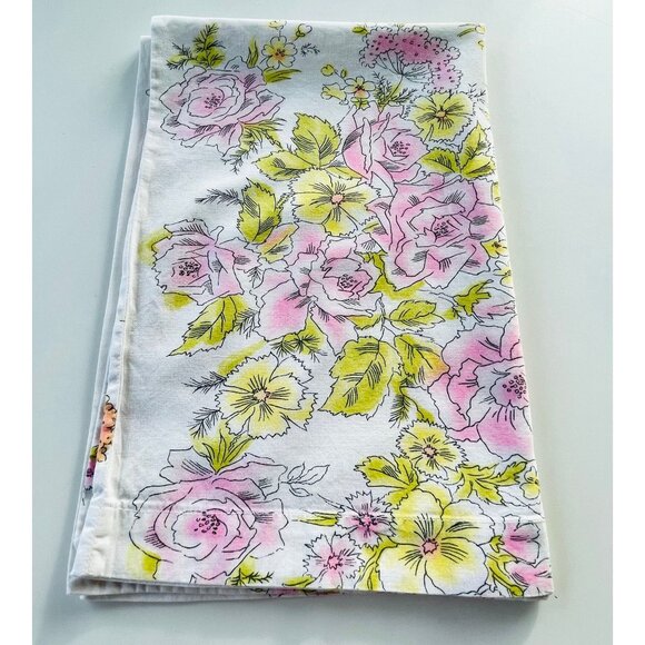 Vintage 70s pillowcase, pink yellow floral two sided, single pillow sham - Picture 6 of 8